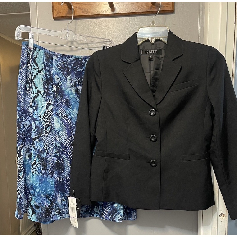 Kasper Lined Skirt Suit Women 6P Black /blue 2 Piece Blazer Set Work Office NWT